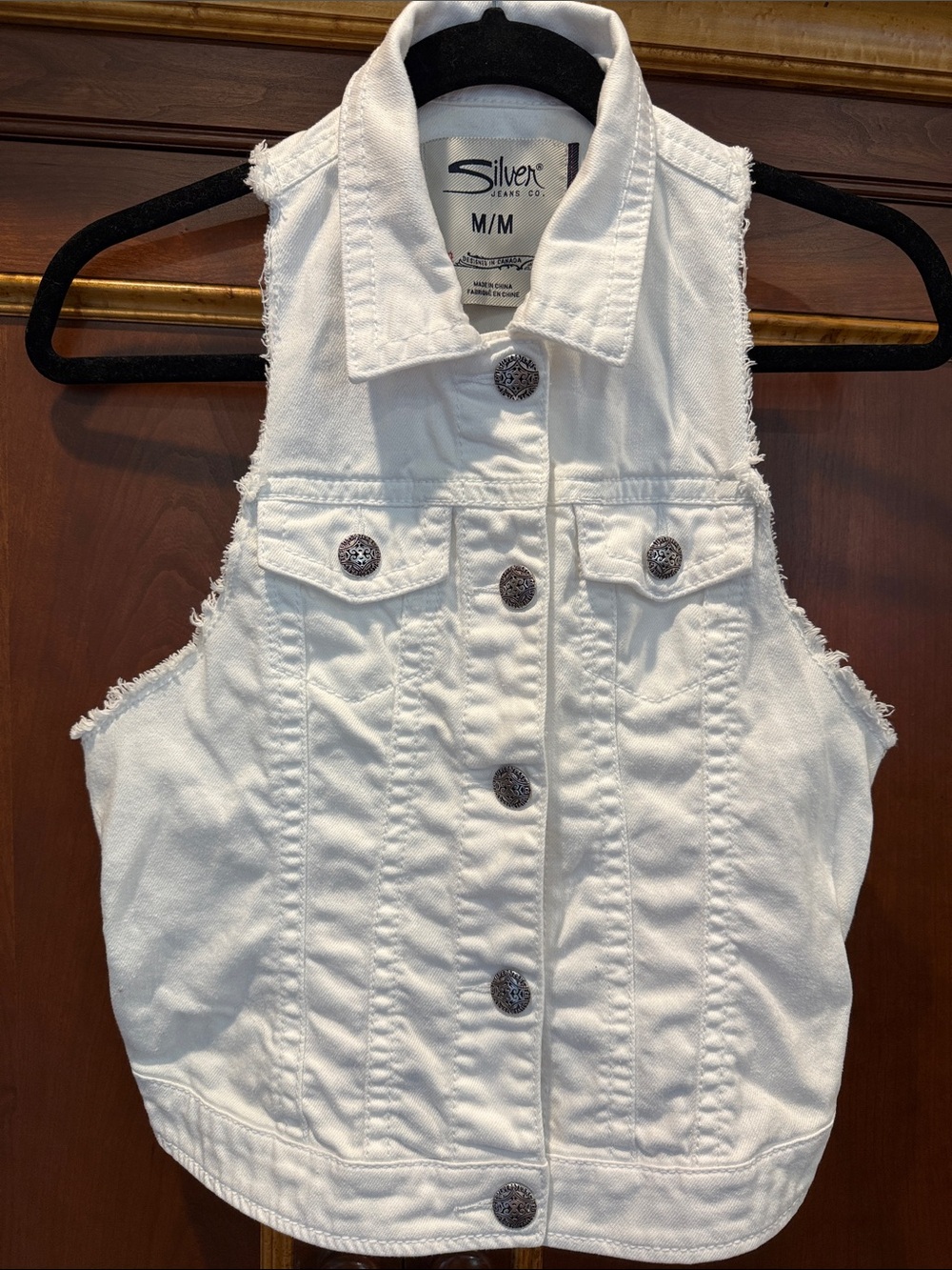 Silver Jeans White Distressed Denim Vest with Decorative Buttons